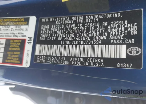 2011 Toyota Camry Xle из США, поврежденный, VIN 4T1BF3EK1BU731594